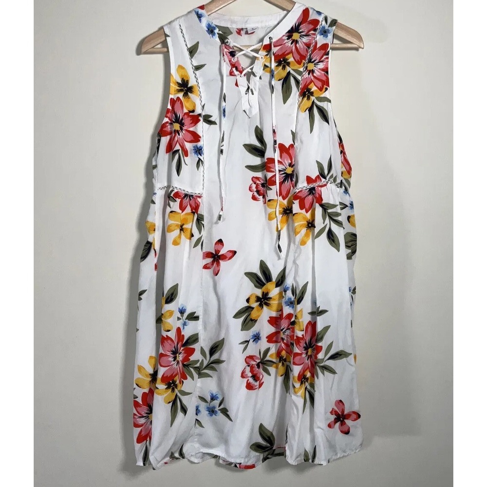 Floral Mini Dress Medium Sleeveless Lace Up Boho Beach Summer Sundress Resort